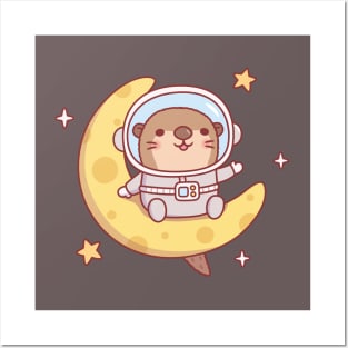 Cute Otter Astronaut Sitting On The Moon Posters and Art